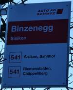 (243'643) - AUTO AG SCHWYZ-Haltestellenschild - Sisikon, Binzenegg - am 8. Dezember 2022