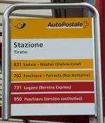 postauto/791737/241228---postautobernina-express-haltestellenschild---tirano (241'228) - PostAuto/Bernina Express-Haltestellenschild - Tirano, Stazione - am 13. Oktober 2022