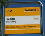 (253'921) - PostAuto-Haltestellenschild - Unteriberg, Waag - am 19. August 2023