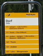 (254'872) - PostAuto-Haltestellenschild - Zillis, Dorf - am 8. September 2023