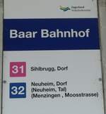 (253'364) - Zugerland Verkehrsbetriebe-Haltestellenschild - Baar, Bahnhof - am 3.