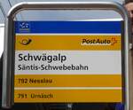 (163'242) - PostAuto-Haltestellenschild - Schgalp, Sntis-Schwebebahn - am 2. August 2015