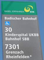 (193'902) - BVB-Haltestellenschild - Basel, Badischer Bahnhof - am 10. Juni 2018