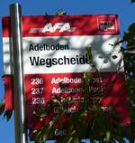 Adelboden/756602/229415---afaportenier-haltestellenschild---adelboden-wegscheide (229'415) - AFA/Portenier-Haltestellenschild - Adelboden, Wegscheide - am 18. Oktober 2021