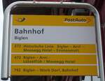 (180'906) - PostAuto-Haltestellenschild - Biglen, Bahnhof - am 4. Juni 2017