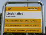 Interlaken/744612/162150---postauto-haltestellenschild---interlaken-lindenallee (162'150) - PostAuto-Haltestellenschild - Interlaken, Lindenallee - am 14. Juni 2015