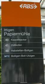 (251'849) - RBS-Haltestellenschild - Ittigen, Papiermhle - am 22. Juni 2023