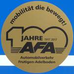 178'666) - Kleber zum Jubilum 100 Jahre 1917 2017 AFA Automobilverkehr Frutigen-Adelboden am 19. Februar 2017 beim Bahnhof Lenk