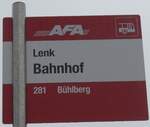 (199'618) - AFA-Haltestellenschild - Lenk, Bahnhof - am 26.