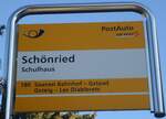 (137'008) - PostAuto-Haltestellenschild - Schnried, Schulhaus - am 25. November 2011