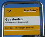 (166'504) - PostAuto-Haltestellenschild - Schwenden i. Diemtigtal, Geissboden - am 1. November 2015