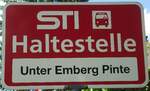 (133'879) - STI-Haltestellenschild - Steffisburg, Unter Emberg Pinte - am 28. Mai 2011