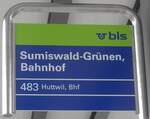 sumiswald-gruenen-3/750855/217974---bls-haltestellenschild---sumiswald-gruenen-bahnhof (217'974) - bls-Haltestellenschild - Sumiswald-Grnen, Bahnhof - am 14. Juni 2020