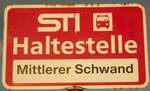 (133'308) - STI-Haltestellenschild - Thierachern, Mittlerer Schwand - am 16. April 2011