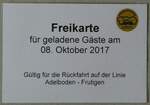 (235'728) - AFA-Freikarte fr geladene Gste am 8. Oktober 2017 am 16. Mai 2022 in Thun