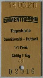 (250'300) - Emmentalbahn-Tageskarte (mit Oldtimer-Postauto) vom 14.