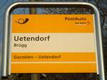 (133'307) - PostAuto-Haltestellenschild - Uetendorf, Brgg - am 16.