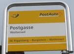 (223'597) - PostAuto-Haltestellenschild - Wattenwil, Postgasse - am 18. Februar 2021