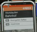 Worblaufen/820860/252771---rbs-haltestellenschild---worblaufen-bahnhof (252'771) - RBS-Haltestellenschild - Worblaufen, Bahnhof - am 18. Juli 2023
