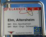 (166'141) - GLARNER BUS/Autobetrieb Sernftal-Haltestellenschild - Elm, Altersheim - am 10. Oktober 2015