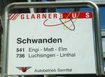 (128'256) - GLARNER BUS/Autobetrieb Sernftal-Haltestellenschild - Schwanden, Bahnhof - am 7. August 2010