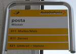 (170'902) - PostAuto-Haltestellenschild - Mstair, posta - am 16. Mai 2016