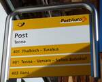 (167'646) - PostAuto-Haltestellenschild - Tenna, Post - am 5. Dezember 2015