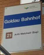 goldau/742252/139460---zugerland-verkehrsbetriebe-haltestellenschild---goldau (139'460) - Zugerland Verkehrsbetriebe-Haltestellenschild - Goldau, Bahnhof - am 11. Juni 2012