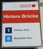 muotathal-4/748181/195396---auto-ag-schwyz-haltestellenschild-- (195'396) - AUTO AG SCHWYZ-Haltestellenschild - Muotathal, Hintere Brcke - am 1. August 2018