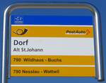 (180'304) - PostAuto-Haltestellenschild - Alt St. Johann, Dorf - am 22. Mai 2017