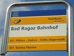 (141'787) - PostAuto-Haltestellenschild - Bad Ragaz, Bahnhof - am 15.