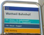 (133'154) - BLWE/Schneider/PostAuto-Haltestellenschild - Wattwil, Bahnhof - am 23. Mrz 2011