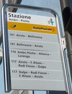 (202'543) - PostAuto-Haltestellenschild - Ambri - Piotta, Stazione - am 19. Mrz 2019