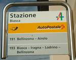 (147'864) - PostAuto-Haltestellenschild - Biasca, Stazione - am 6. November 2013