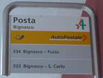 (213'888) - PostAuto-Haltestellenschild - Bignasco, Posta - am 18. Januar 2020