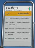lamone-cadempino-4/750021/210569---postauto-haltestellenschild---lamone-- (210'569) - PostAuto-Haltestellenschild - Lamone - Cadempino, Stazione - am 26. Oktober 2019
