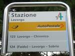 Lavorgo/743596/154826---postauto-haltestellenschild---lavorgo-stazione (154'826) - PostAuto-Haltestellenschild - Lavorgo, Stazione - am 1. September 2014