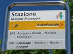 (193'808) - PostAuto-Haltestellenschild - Melano-Maroggia, Stazione - am 9. Juni 2018
