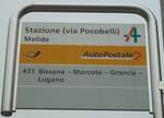 (147'764) - PostAuto-Haltestellenschild - Melide, Stazione (via Pocobelli) - am 6.