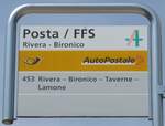 (208'076) - PostAuto-Haltestellenschild - Rivera - Bironico, Posta / FFS - am 21.