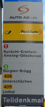 (150'546) - AUTO AG URI/PostAuto-Haltestellenschild - Altdorf, Telldenkmal - am 10. Mai 2014