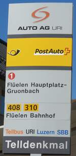 (202'815) - AUTO AG URI/PostAuto-Haltestellenschild - Altdorf, Telldenkmal - am 22.