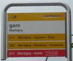 Martigny/751561/225496---postautotmr-haltestellenschild---martigny-gare (225'496) - PostAuto/TMR-Haltestellenschild - Martigny, gare - am 1. Mai 2021