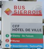 Sierre/747501/189722---bus-sierrois-haltestellenschild---sierre (189'722) - BUS SIERROIS-Haltestellenschild - Sierre, CFF Htel de Ville - am 30. Mrz 2018