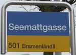 (168'880) - ZVV/PostAuto-Haltestellenschild - Blach, Seemattgasse - am 24. Februar 2016