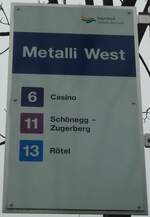Zug/741634/137987---zugerland-verkehrsbetriebe-haltestellenschild---zug (137'987) - Zugerland Verkehrsbetriebe-Haltestellenschild - Zug, Metalli West - am 6. Mrz 2012