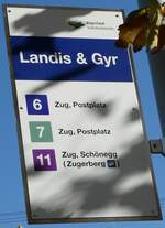 Zug/794185/242059---zugerland-verkehrsbetriebe-haltestellenschild---zug (242'059) - Zugerland Verkehrsbetriebe-Haltestellenschild - Zug, Landis & Gyr - am 31. Oktober 2022