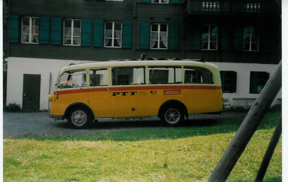 (018'730) - Geiger, Adelboden - Nr. 3/BE 1585 - Saurer/Gangloff am 25. August 1997 auf der Griesalp (25 Jahre Verkehrsverein Kiental)