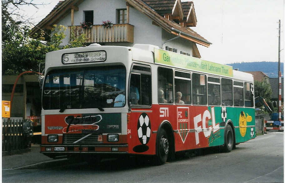 (024'608) - STI Thun - Nr. 34/BE 443'834 - Volvo/R&J (ex SAT Thun Nr. 34) am 15. Juli 1998 in Thun-Lerchenfeld, Forstweg