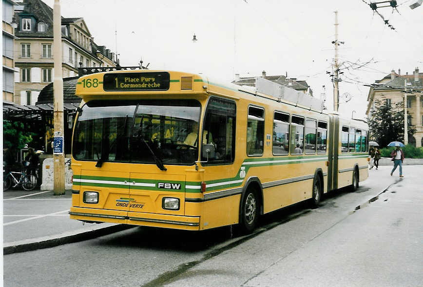 (047'314) - TN Neuchtel - Nr. 168 - FBW/Hess Gelenktrolleybus am 16. Juni 2001 in Neuchtel, Place Pury
